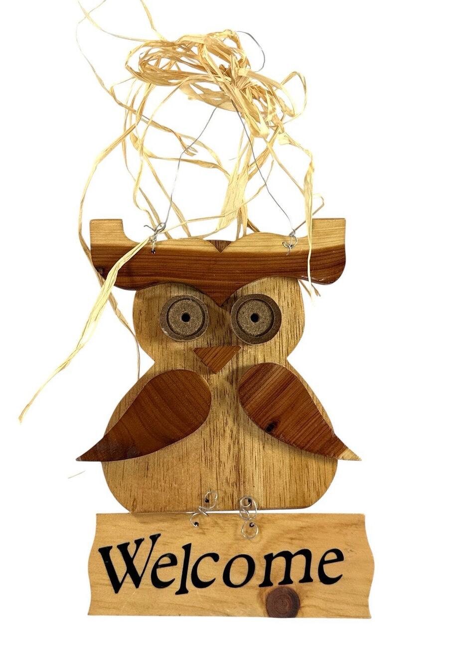 Wooden Owl Welcome Sign Rustic Folk Art Hanging Door Wall Decor Raffia 9”
